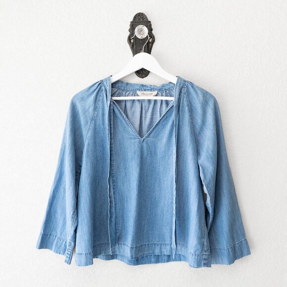 Madewell Tops - Madewell Chambray Top XS Blue Cotton Lyocell Tie Neck Boho Lightweight Blouse